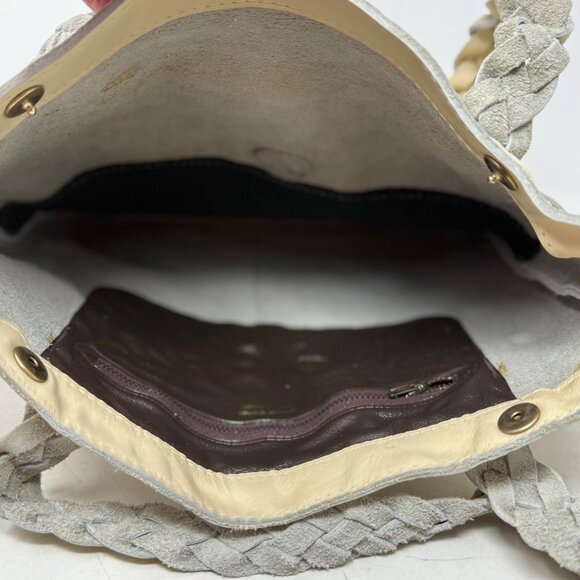 Vtg Sears Genuine Leather Shop Beige PUrse Tote Bag Braided Handles Hobo Bucket - Picture 10 of 13